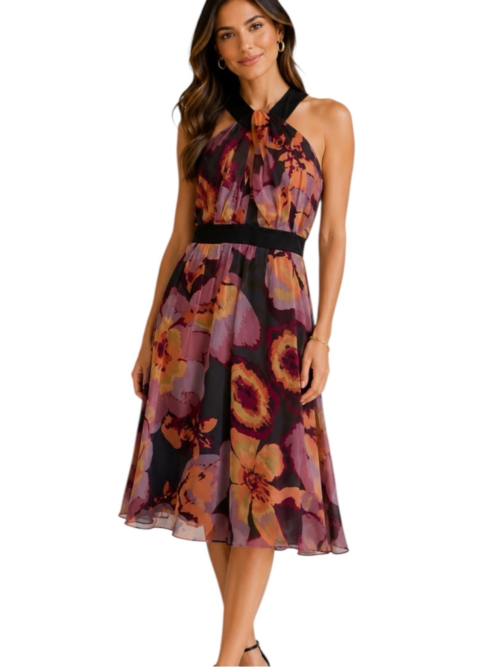 THE LIMITED Floral Halter Midi Dress Flowy Fall Wedding Guest Size 12